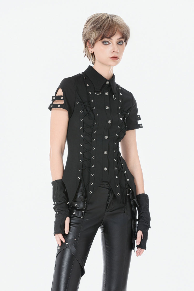 Black Turn-down Collar Short Sleeves Lace-Up Eyelets Women's Punk Blouse - Product - 6