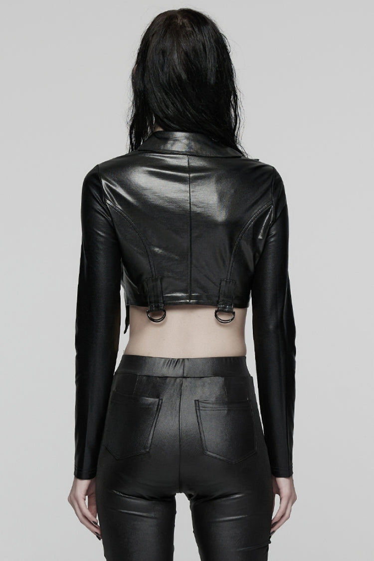 Black Stand Collar Long Sleeves Lace-Up Zipper Women's Punk Jacket - Product - 3