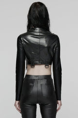 Black Stand Collar Long Sleeves Lace-Up Zipper Women's Punk Jacket - Product - 3