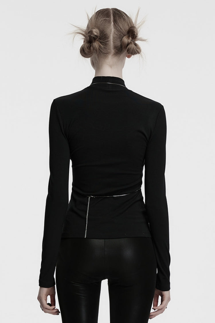 Black Stand Collar Long Sleeves Bat Stitching Mesh Chain Women's Gothic Blouse - Product - 3