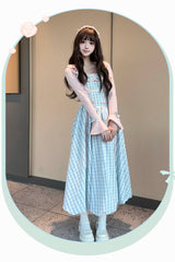 Blue [Sea Salt Strawberries] Sleeveless Plaid Print Bowknot Sweet Lolita Jsk Long Dress - Product - 7