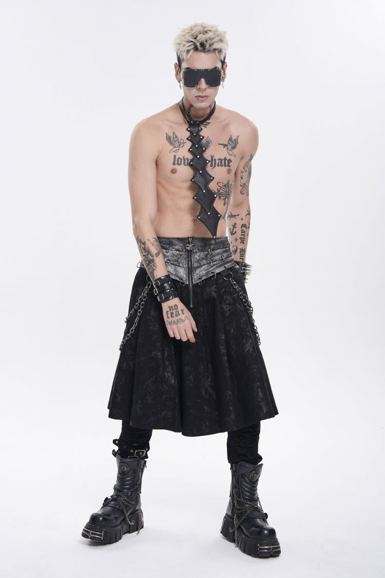 Black Printed Spliced Lace-Up Pleated Chain-Decorated Men's Punk Skirt - Product - 12