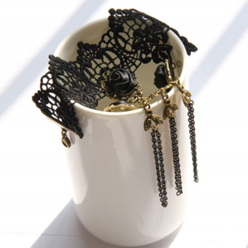 Black Retro Fashion Rose Flower Lace Tassel Female Gothic Lolita Ring Bracelet - Product - 5