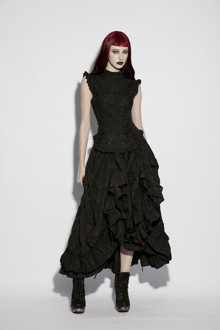 Black Stand Collar Sleeveless Ruffled Embroidered Lace-Up Slim Fit Women's Gothic Elegant Royal Blouse - Product - 8