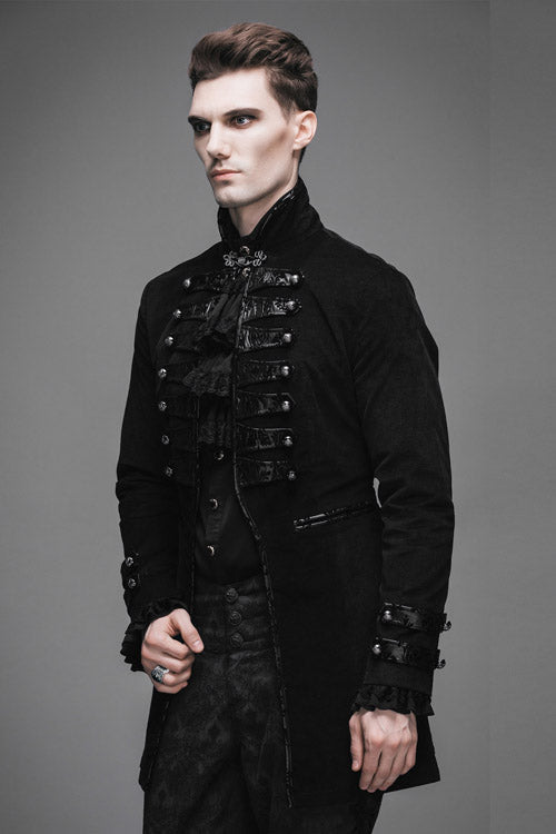 Black Fake Two Pieces Embroidered Turn Down Collar Long Sleeves Velvet Mens Gothic Coat - Product - 3