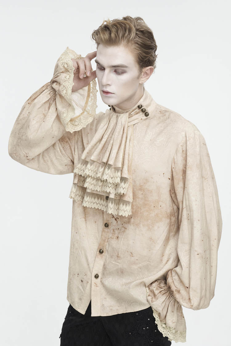 Apricot Stand Collar Puff Sleeved Men's Gothic Shirt With Necktie - Product - 3