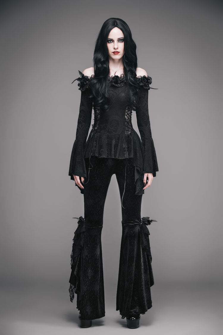 Black Knit One-Word Shoulder Rose Decoration Collar Waist Side Splice Lace Up Flare Sleeve Women's Gothic Shirt - Product - 2