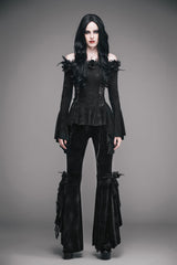 Black Knit One-Word Shoulder Rose Decoration Collar Waist Side Splice Lace Up Flare Sleeve Women's Gothic Shirt - Product - 2