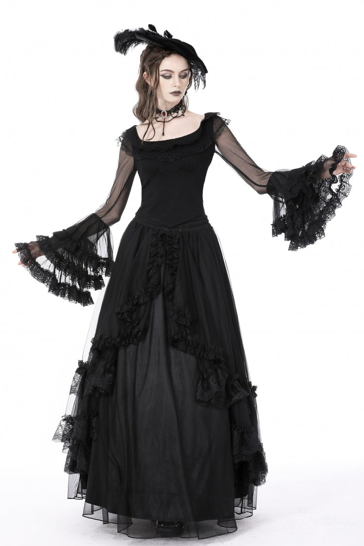 Black Multi-Layered Ruffled Lace Long Trumpet Sleeves Women's Gothic Princess Sexy Top - Black - 1