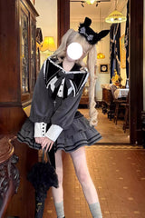 Black [Bizarre Rabbit Opera] Navy Collar Long Sleeves Print Ruffle Bowknot Gothic Lolita Dress - Product - 2