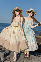 [Summer of Bluebells] Square Collar Sleeveless Jacquard Ruffled Asymmetric Sweet Lolita Skirt Set 2 Colors (Blue/Green, Ivory) - Product - 3