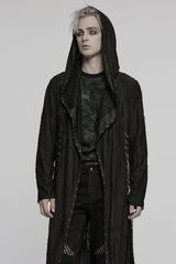 Black Long Sleeves Stitching Irregular Hooded Mesh Ripped Men's Gothic Coat - Product - 2