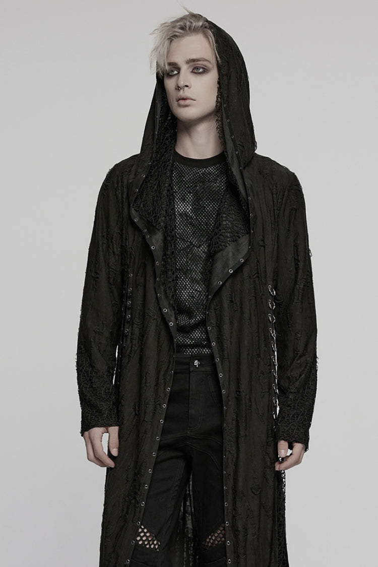 Black Long Sleeves Stitching Irregular Hooded Mesh Ripped Men's Gothic Coat - Product - 2