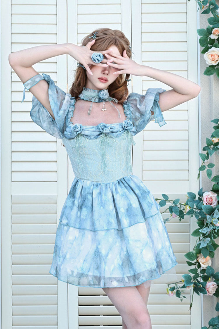 Blue Square Collar Short Puff Sleeves Multi-Layered Print Ruffle Bowknot Tie-dyed Sweet Princess (Dress Only) detail view 5
