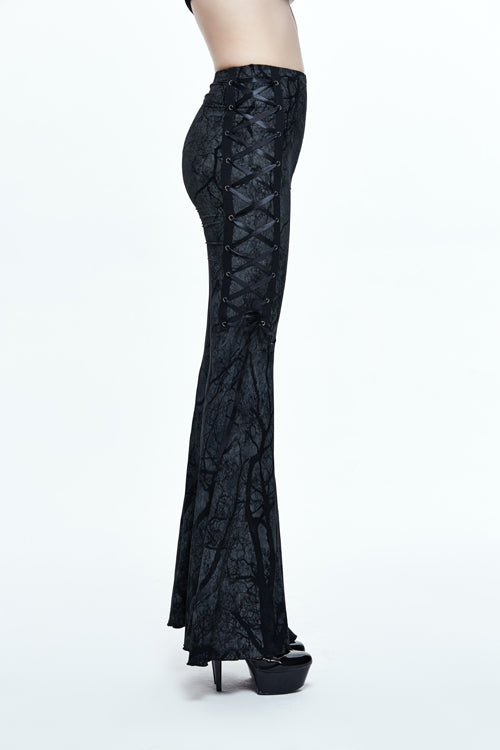 Black Mysterious Forest Gothic Branch Printing Bellbottom Womens Pants - Product - 3