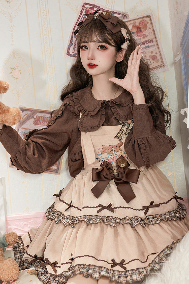 Khaki [Cute Bear] Embroidery Print Sleeveless Double-Layered Ruffle Bowknot Sweet Lolita Jsk Dress - Product - 3