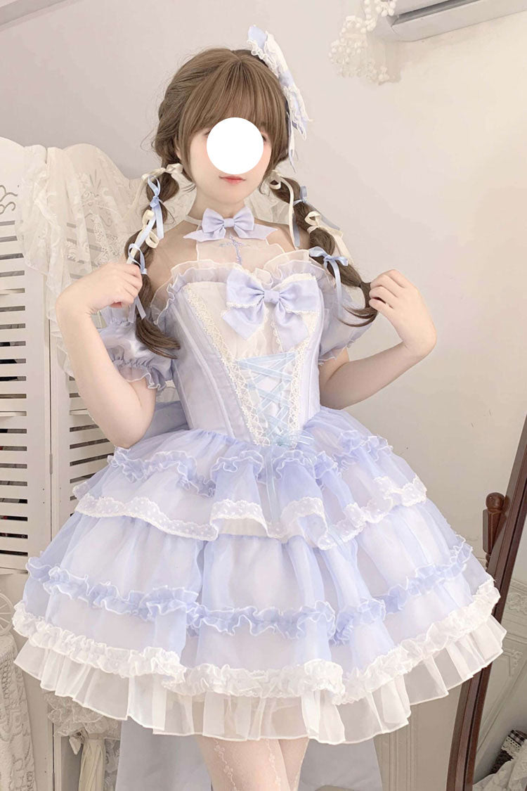 Blue Multi-layer Ruffle Hanayome Bowknot Lace Halter Neck Sweet Princess Lolita Dress - Blue - 1