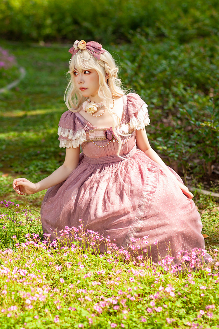 Pink [Moon goddess *Mediana*] Polka Dot Print Ruffle Bowknot Asymmetric Sweet Elegant Lolita Dress - Product - 5