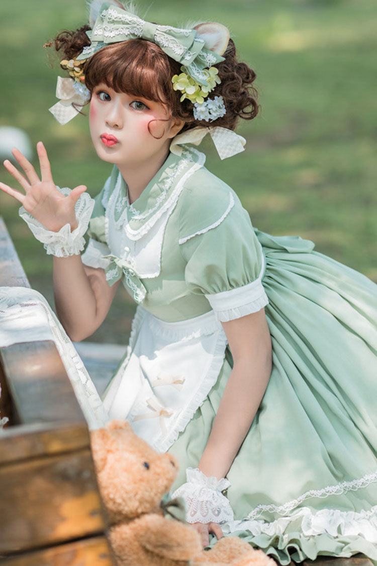 Green Short Sleeves High Waisted Bowknot Multi-Layer Classic Lolita Jsk Dress - Product - 2