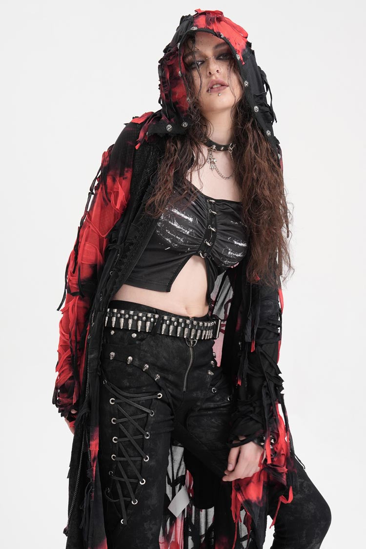 Black/Red Long Sleeves Lace Ripped Zipper Women's Punk Coat - Product - 6