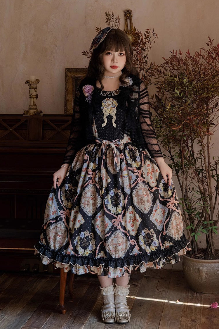 Cat Rose Tea Sleeveless Print Ruffle Bowknot Sweet Lolita Jumper Dress 3 Colors - Product - 12