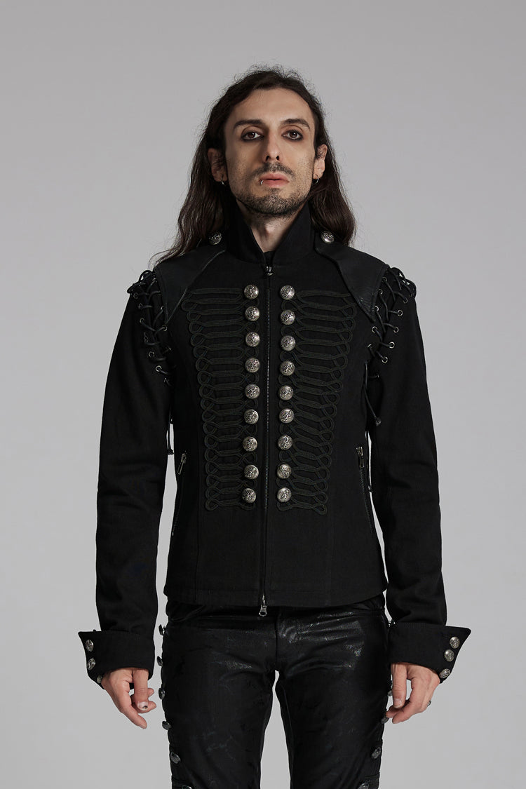 Black/Silver Stand Collar Long Sleeves Lace-Up Buttons Men's Punk Jacket - Black/Silver - 1