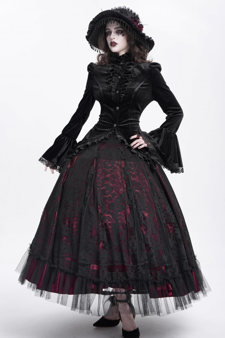 Black Stand Collar Long Trumpet Sleeves Ruffle Swallow-tailed Women's Gothic Blouse - Product - 12