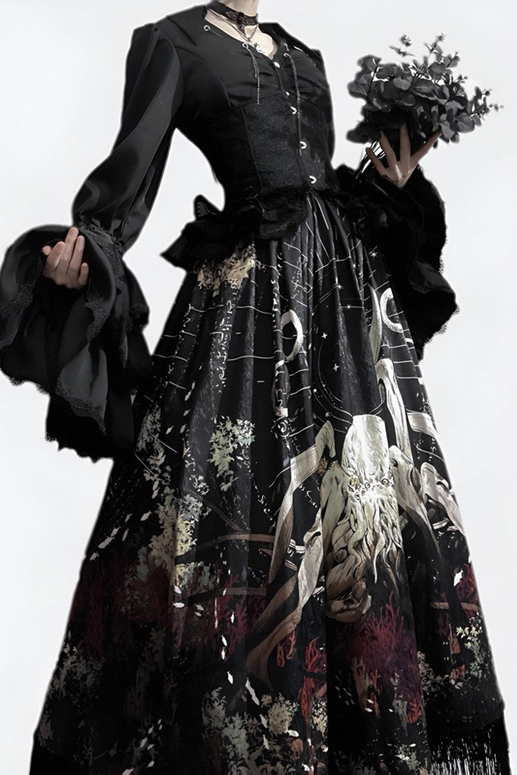 Black [Reborn Ancient God] Long Hime Sleeves Print Lace Gothic Lolita Skirt Dress Set - Product - 12