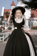 Black/White Short Sleeves Color-blocked with Detachable Embroidered Faux Collar Gothic Lolita Dress - Product - 6
