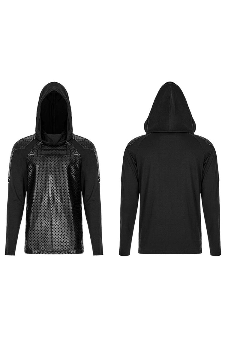 Black Punk Turtleneck Stretch Knit Panel Cutout Drawstring Hooded Men's T-Shirt - Product - 5
