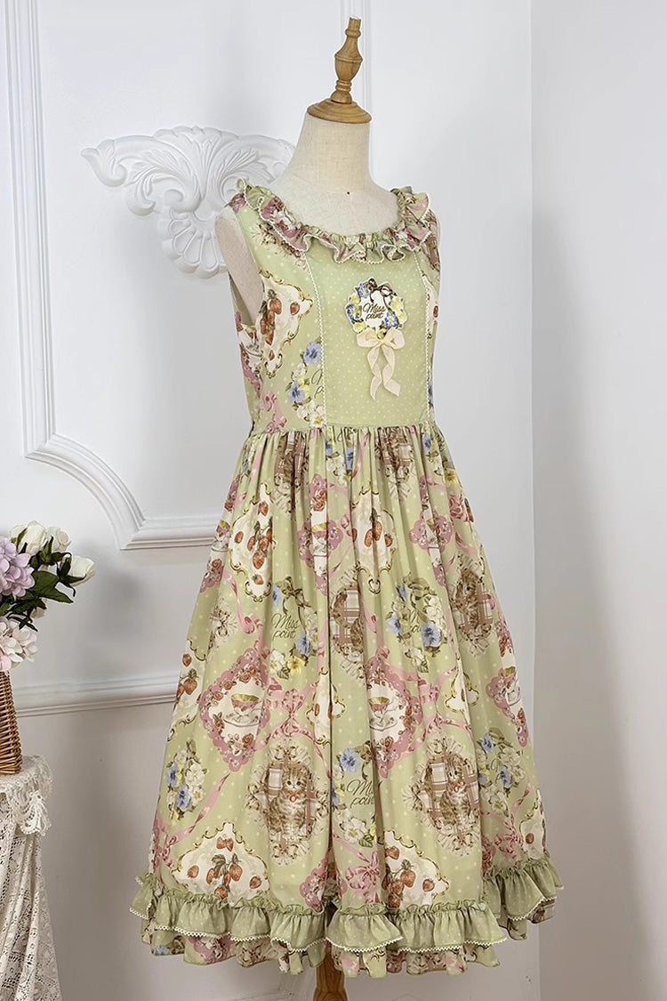 Green [Cat Rose Tea] Sleeveless Print Ruffle Bowknot Sweet Lolita Jsk Dress - Product - 8
