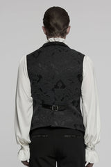 Black Lapel V-neck Sleeveless Jacquard Buckle Men's Gothic Vest - Product - 3
