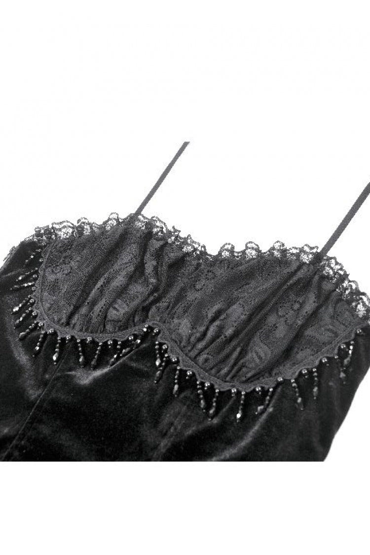 Black Lace Mesh Patchwork Velvet Women's Gothic Vintage Bustier with Beaded Tassel Drops - Product - 12