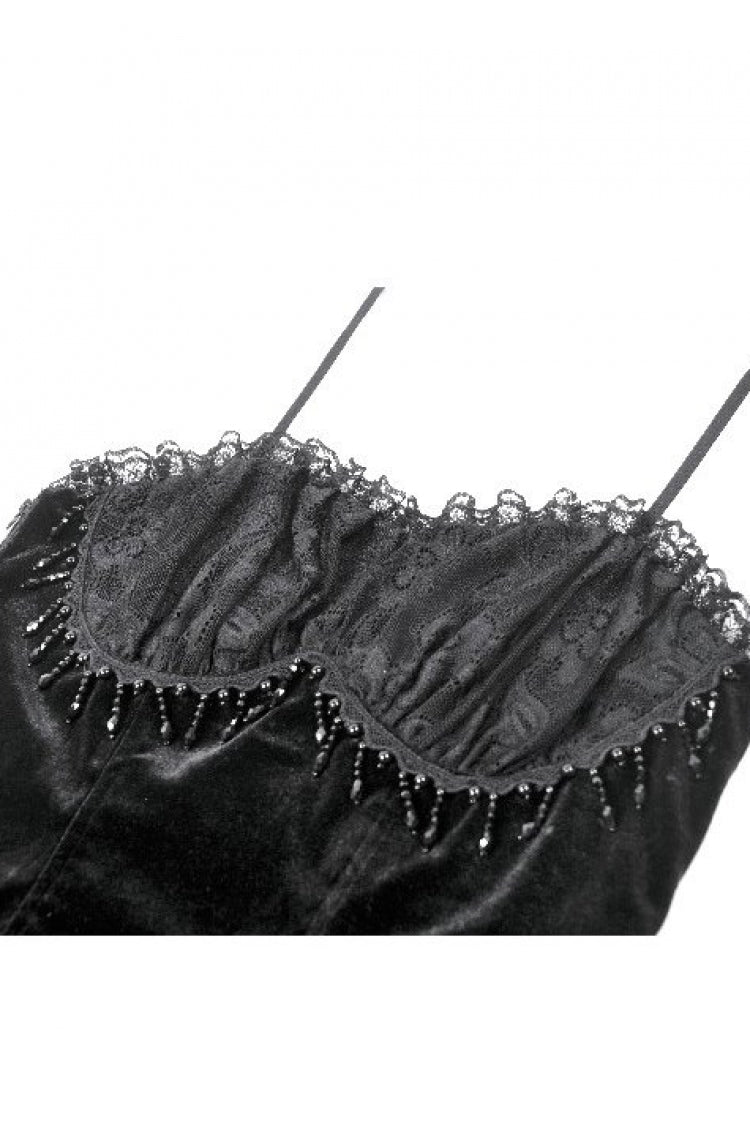 Black Lace Mesh Patchwork Velvet Women's Gothic Vintage Bustier with Beaded Tassel Drops - Product - 12
