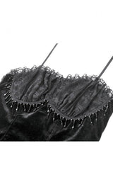 Black Lace Mesh Patchwork Velvet Women's Gothic Vintage Bustier with Beaded Tassel Drops - Product - 12