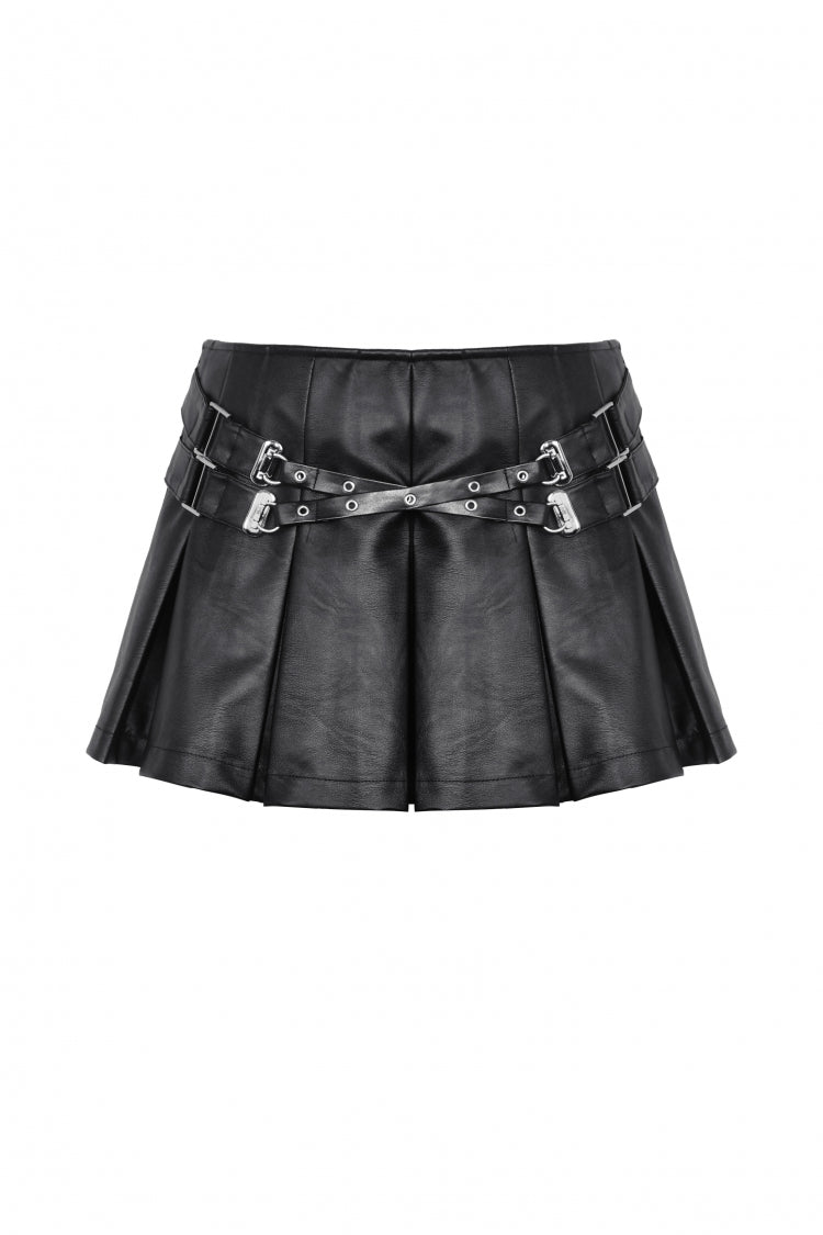 Black Low Waisted Buckle-Up Women's Punk PU Leather Pleated Mini Skirt - Product - 3