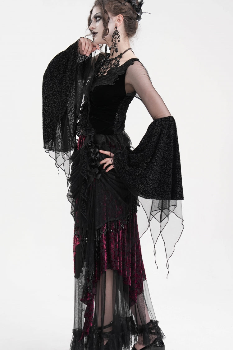Black/Purple Tassels Mesh Women's Gothic Long Skirt - Product - 9
