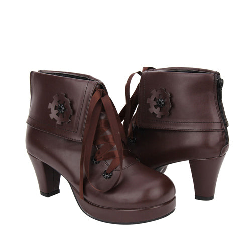 Brown Lace Up High Heel Classic Lolita Short Boots - Product - 4