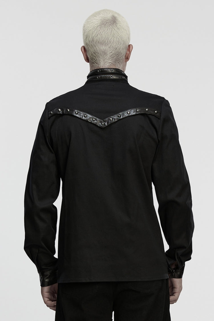 Black Stand Collar Long Sleeves Rivet Buckle Straps Eyelet Men's Punk Blouse - Product - 3