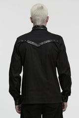 Black Stand Collar Long Sleeves Rivet Buckle Straps Eyelet Men's Punk Blouse - Product - 3