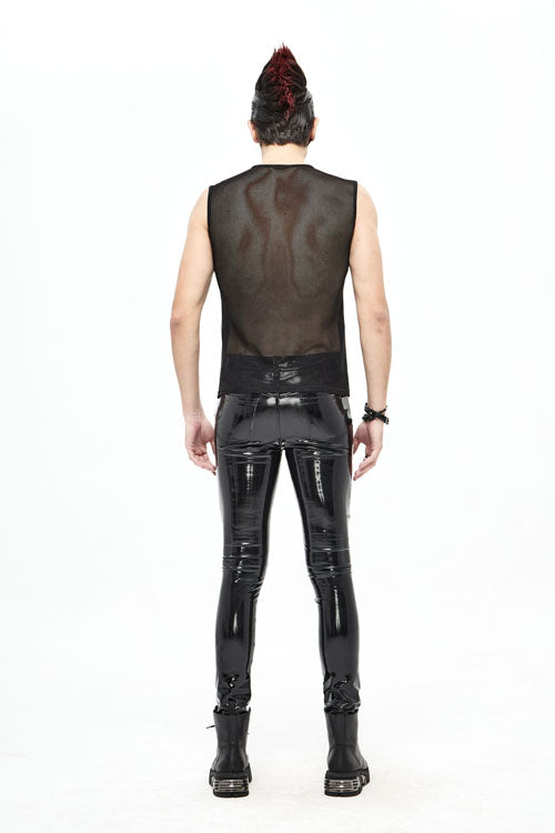 Black Punk Circuit Printed High Quality Stretchy Leather Tight Mens Pants - Product - 8