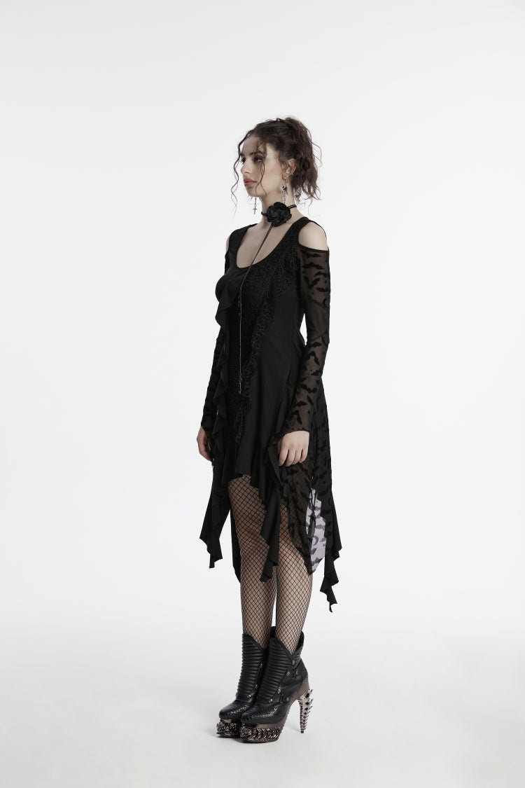 Black Off Shoulder Long Sleeves Spliced Irregular Mesh Pleated Eyelet Women's Gothic Witch Dress - Product - 3