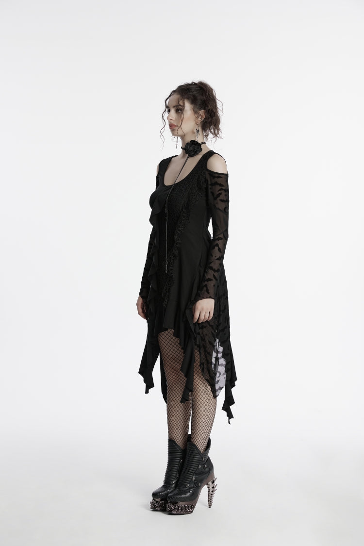 Black Off Shoulder Long Sleeves Spliced Irregular Mesh Pleated Eyelet Women's Gothic Witch Dress - Product - 3