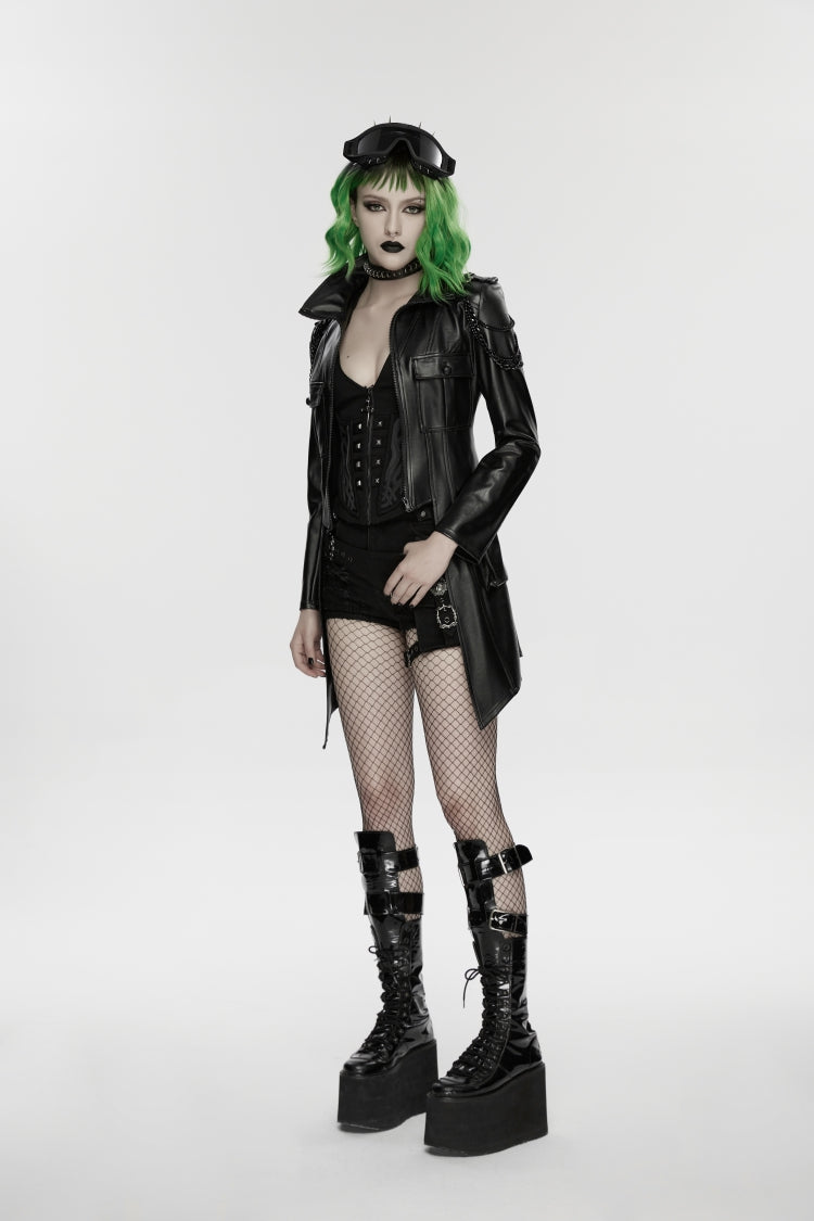 Black Lapel Collar Long Sleeves Lace-Up Slim Zippered Chain-Decorated Women's Punk Jacket - Product - 2