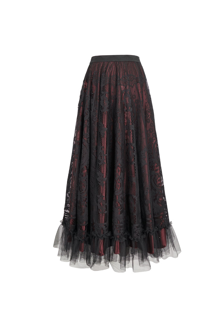 Black/Red Lace Flower Mesh Hem Paneled Ruffles Lace Big Swing Women's Gothic Skirt - Product - 5