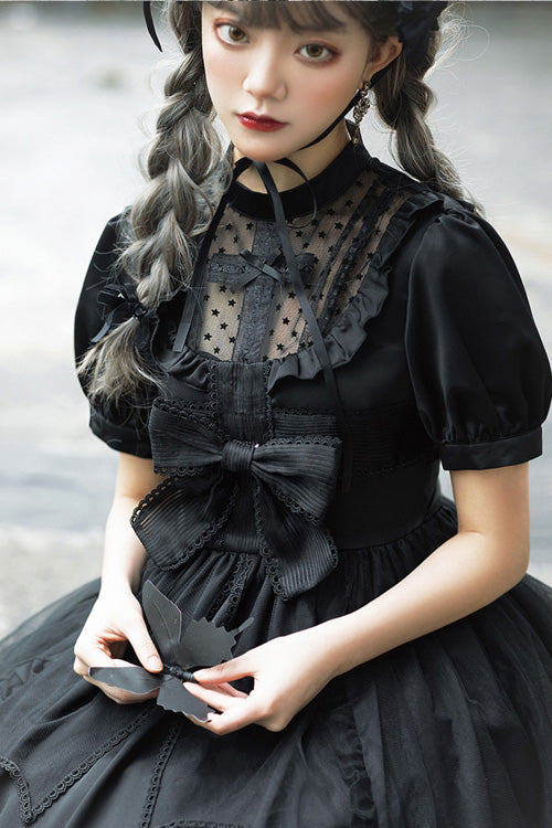 Black Elegant Round Collar Bowknot Short Sleeves High Waisted Gothic Lolita OP Dress - Product - 8
