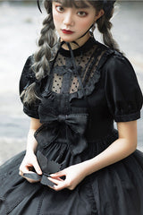 Black Elegant Round Collar Bowknot Short Sleeves High Waisted Gothic Lolita OP Dress - Product - 8
