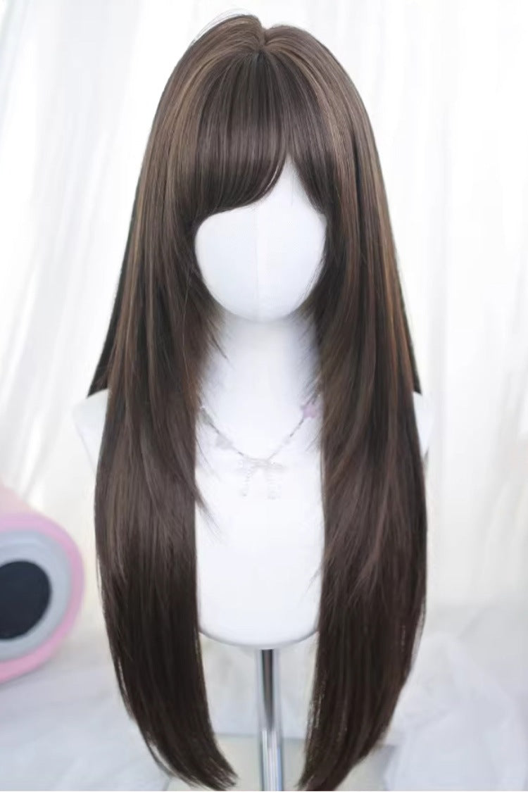 Daily Sweet Lolita Long Straight Wig with Side Bangs 3 Colors - Cool-Brown - 1
