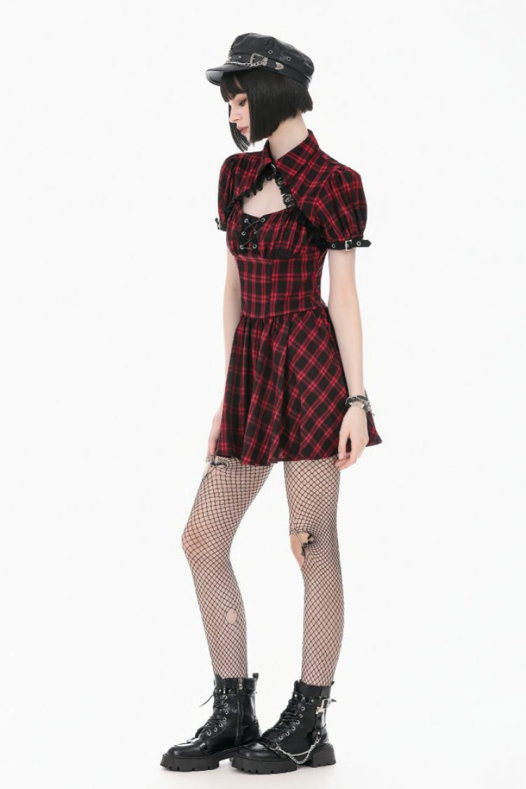 Black/Red Plaid Turn-Down Collar Cut-Out Short Sleeves Lace-Up Women's Punk Retro Mini Dress - Product - 2