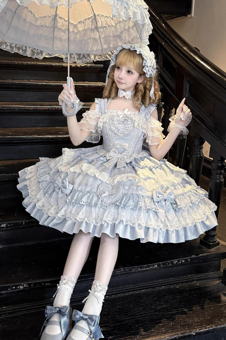 Blue [Super Cute Belia] Sleeveless Triple-Layered Ruffle Bowknot Lace Sweet Elegant Lolita Jsk Dress - Product - 5